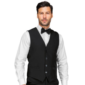 Unlined black waistcoat with fixed button for men and women working in restaurants, hotels, as hostesses, or bartenders.