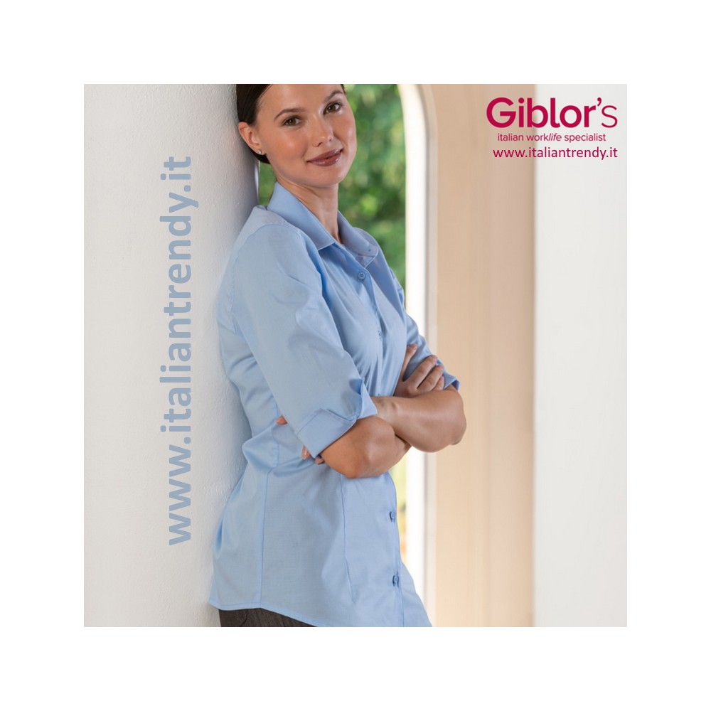 Chemise bleue ajustée pour femme, élastique, idéale pour les réceptions et les salles en ligne.