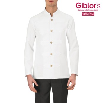 Chaqueta blanca con cuello coreano y botones dorados. Sector HO.RE.CA.