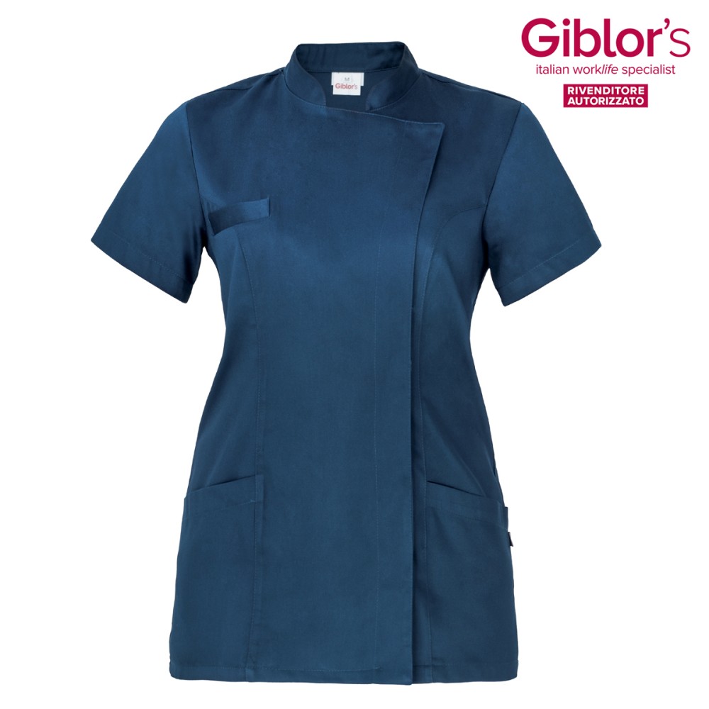 Blue Short-Sleeve Women's Smock with Mandarin Collar, Medical Sector. Online