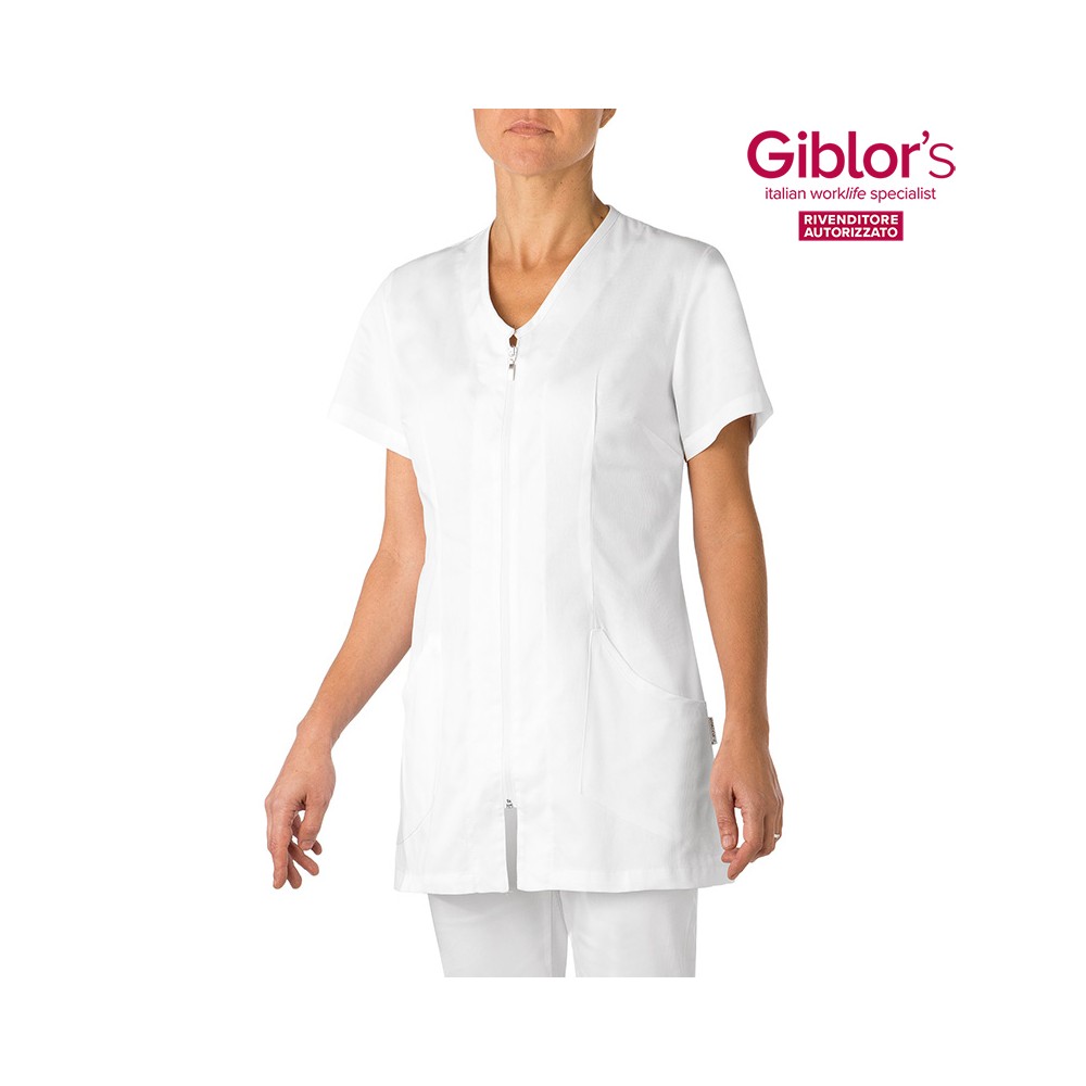 White Tunic Cotton Short-Sleeved with Zip Wellness and Beauty Sector