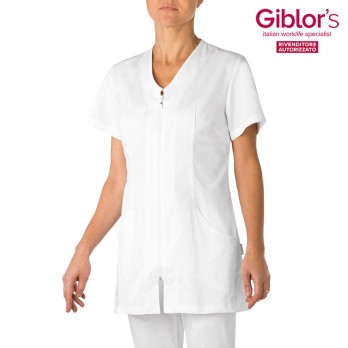 White Tunic Cotton Short-Sleeved with Zip Wellness and Beauty Sector