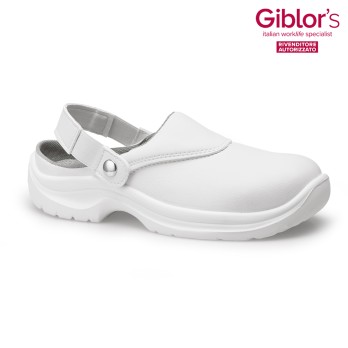 Zueco blanco unisex con certificación y puntera metálica de chef de Giblor's.