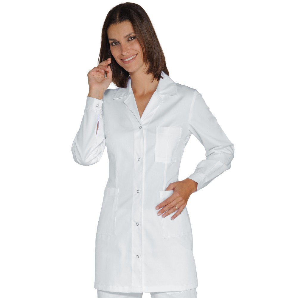 Short White Fitted Women s Lab Coat for Medical or Multi Purpose Use Snap Buttons