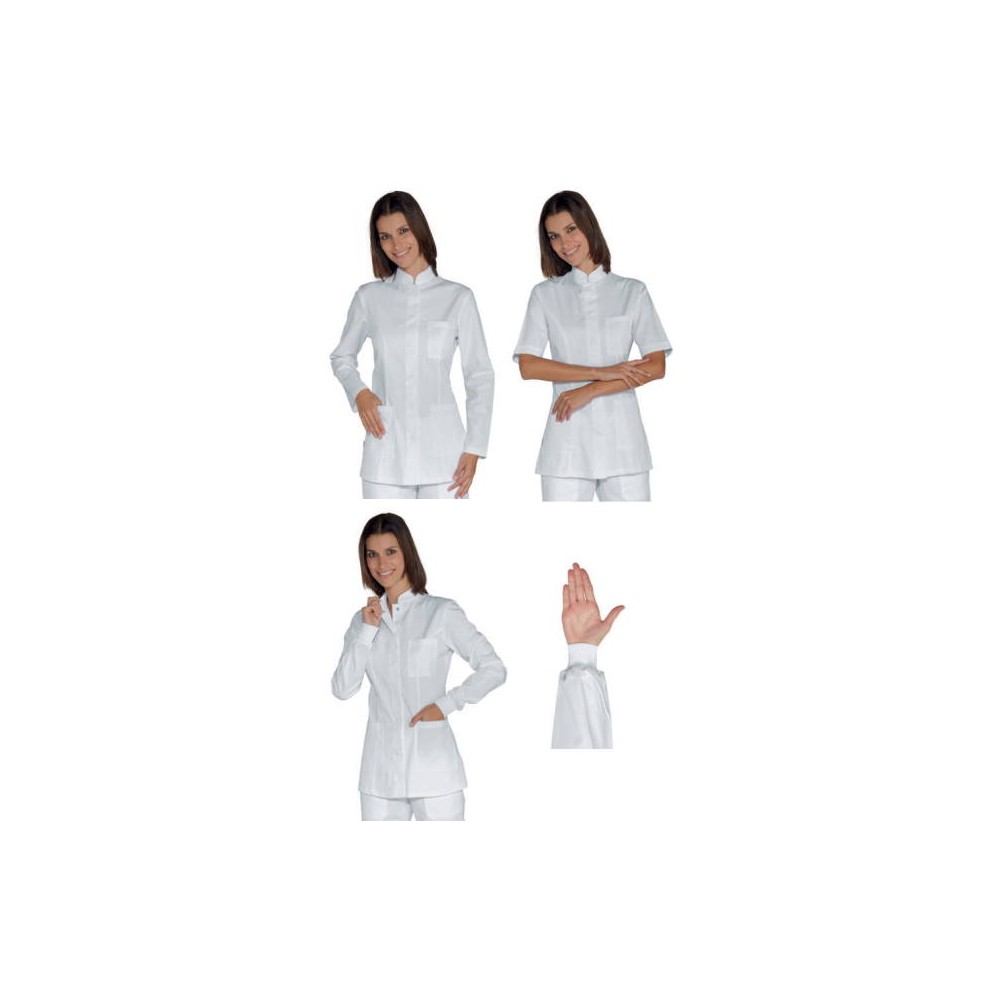 White Korean tunic for women, ideal for beauticians working at a medical wellness spa center, with optional sleeves.