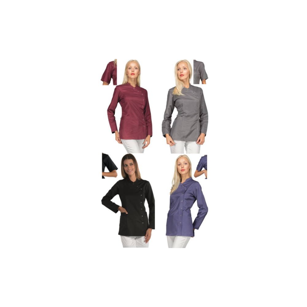 Stain-resistant tunic for beauticians and hairdressers in black, burgundy, grey, and blue.