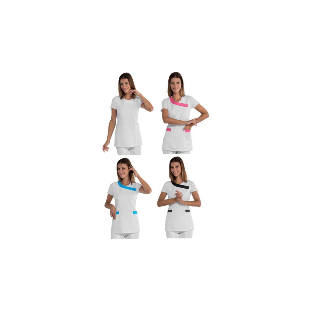 One-size-fits-all white dress for hairdressers, beauticians, and spa workers with contrasting inserts.