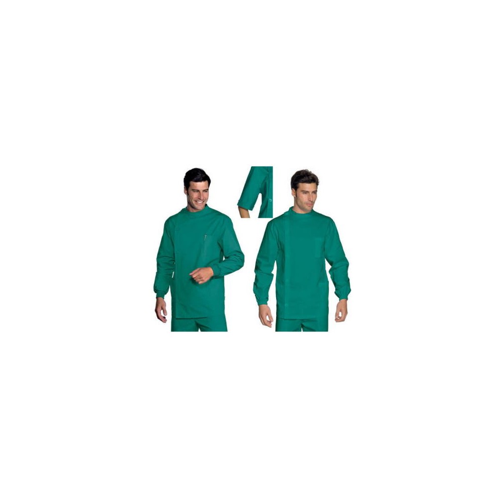 Men's Korean-style medical or dental professional smock in green with side buttons.