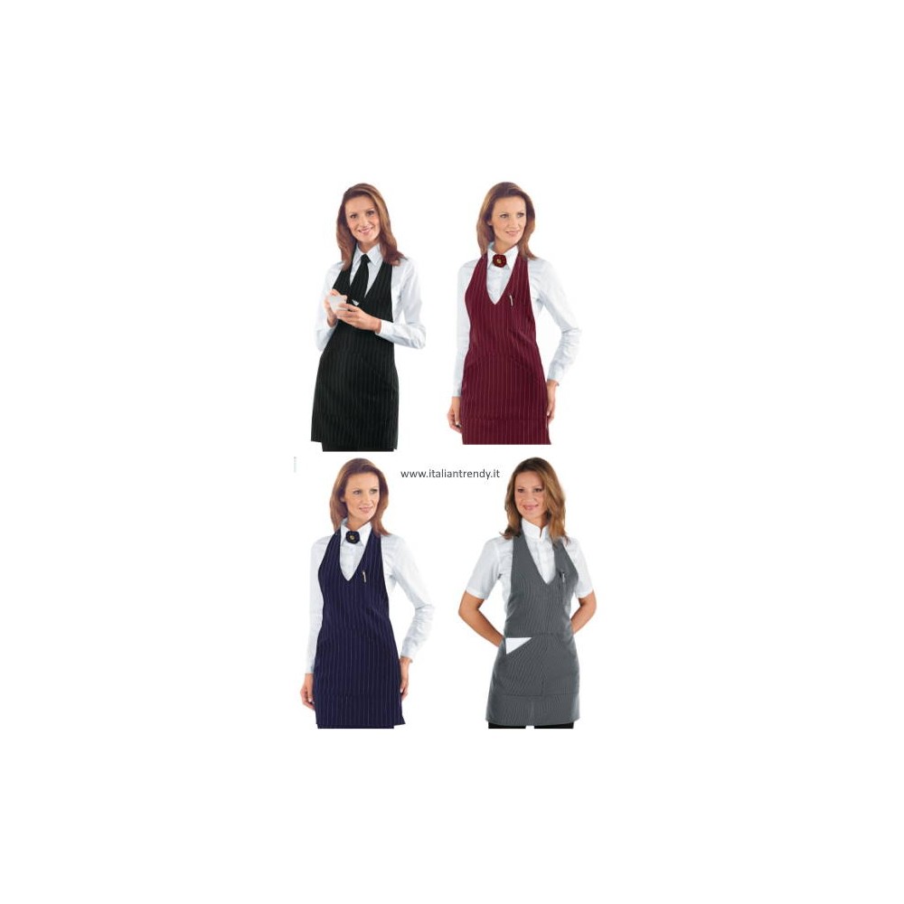 Short Pinstriped Apron with Bib in Blue Black Gray Bordeaux for Bar