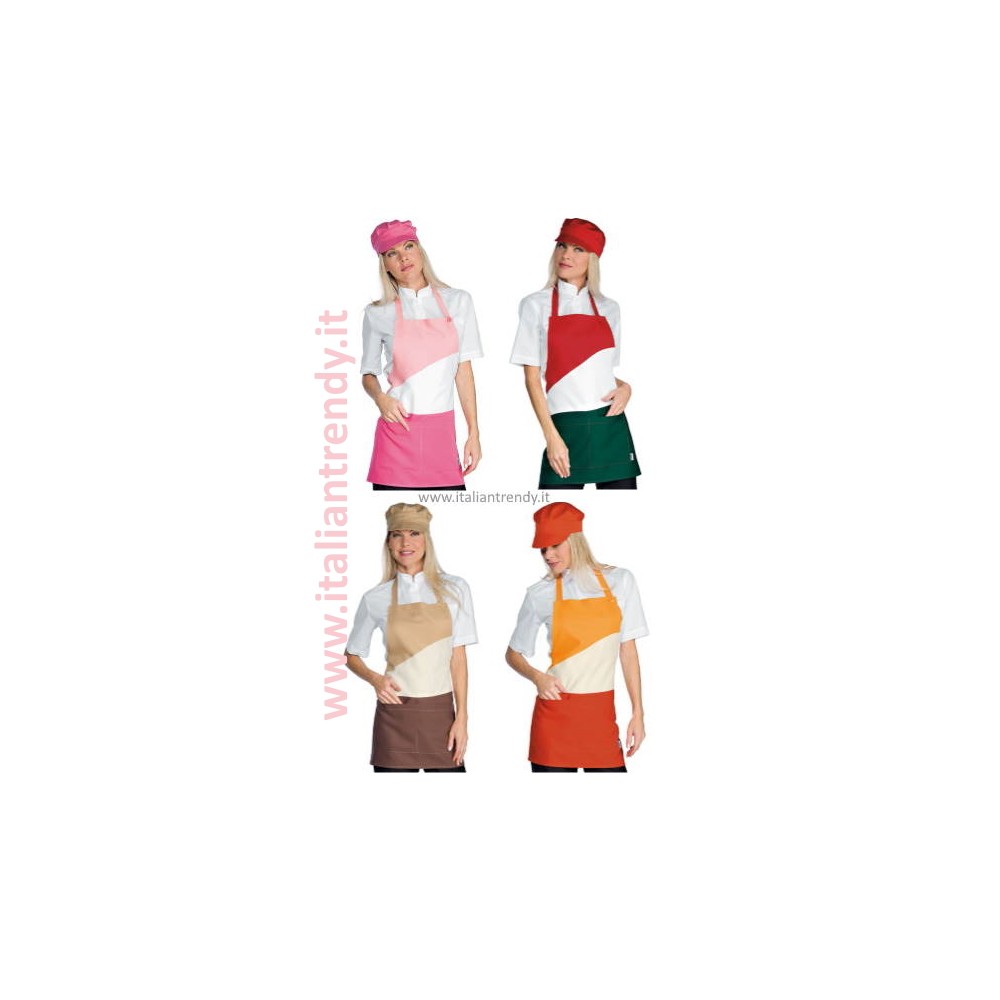 Short women's apron with tricolor bib. Work uniform for a bar.