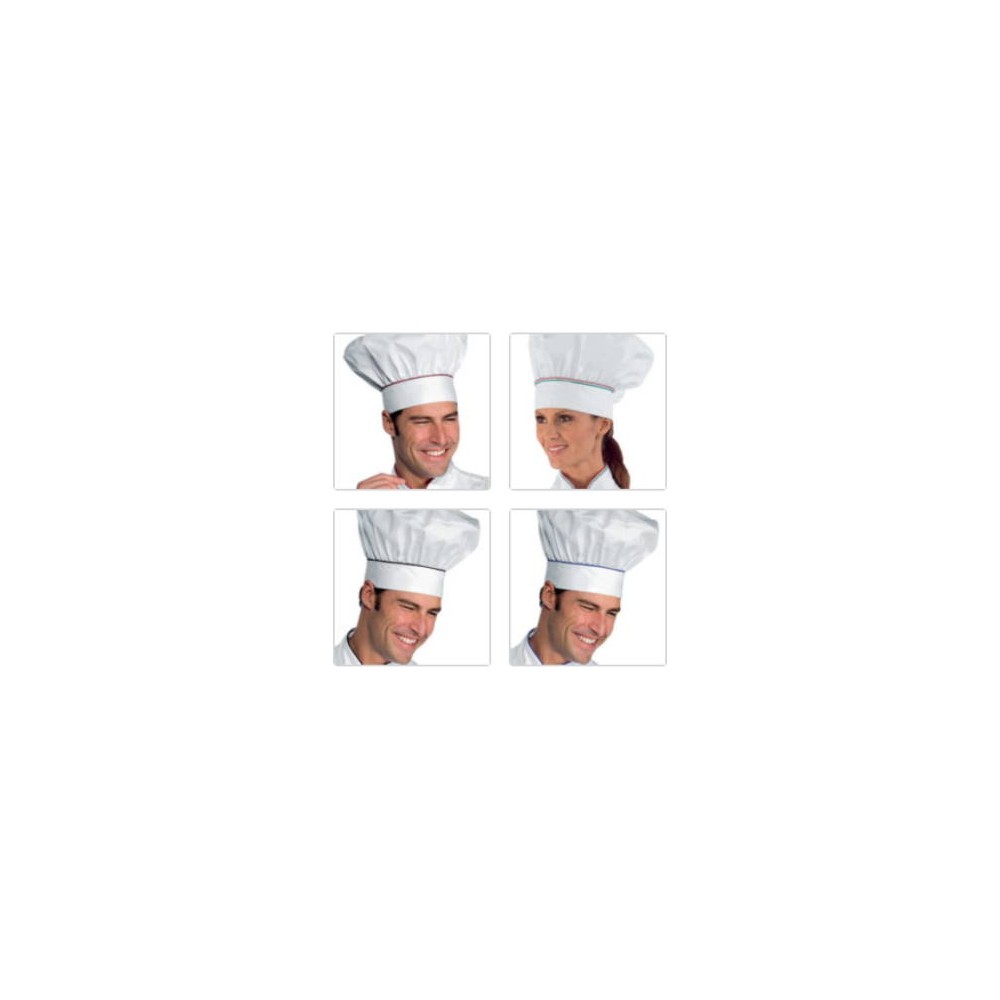 Classic white cotton chef's hat with tricolor stripe, black, red, blue.