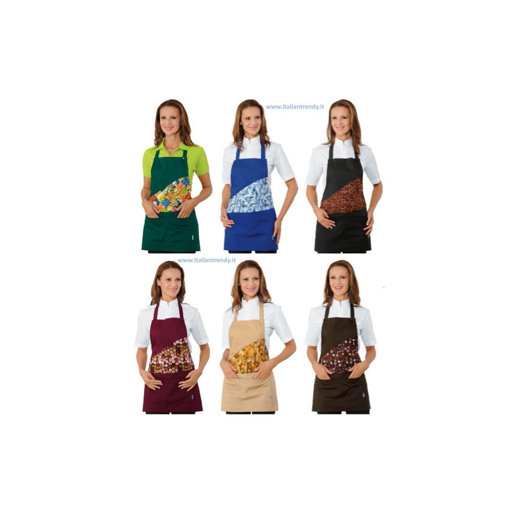 Short Bib Apron for Women in 3 Colors and Patterns: Bread, Fish, Fruit. For Food Sector.