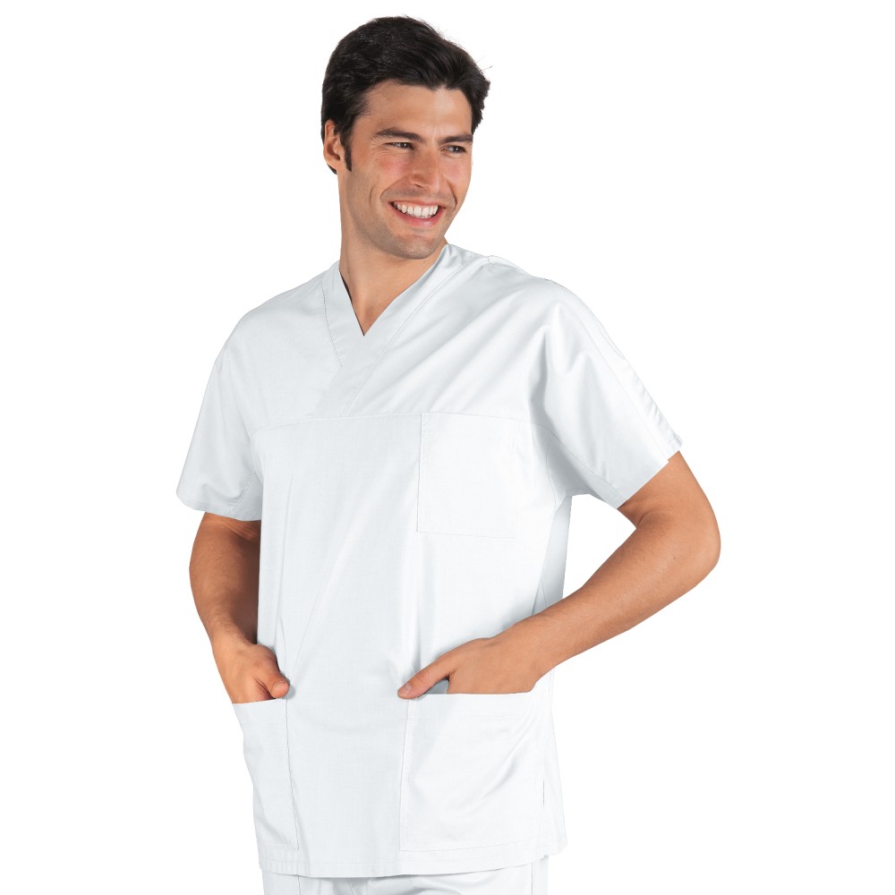 Blouse blanche classique pour medecin ou infirmier col en V poids moyen melange de coton