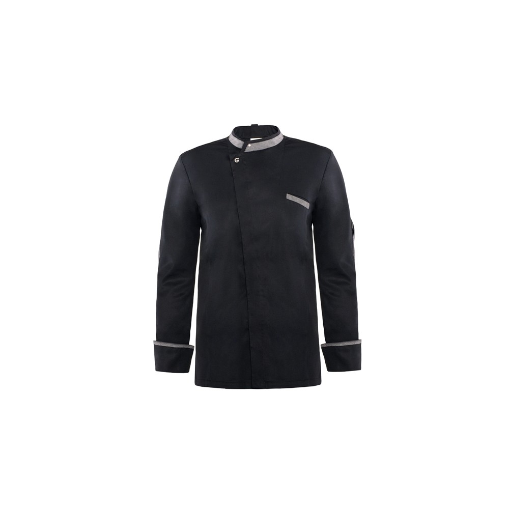 Fitted Black Chef Jacket with Grey Trim and Snap Button.