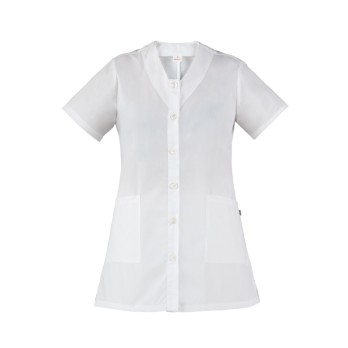 Blouse blanche pour femme, taille M, ouverte avec un décolleté en V et manches courtes, pour le secteur de la santé ou de l'esth