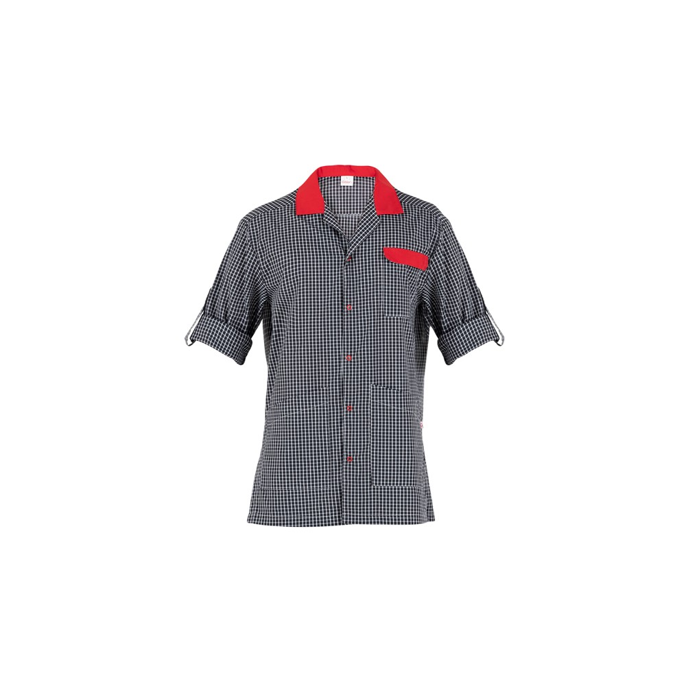 Black Checkered Men's Tunic with Reversible Long Sleeve Red Inserts, Work Uniform for Ricky Service Companies