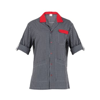 Black Checkered Men's Tunic with Reversible Long Sleeve Red Inserts, Work Uniform for Ricky Service Companies