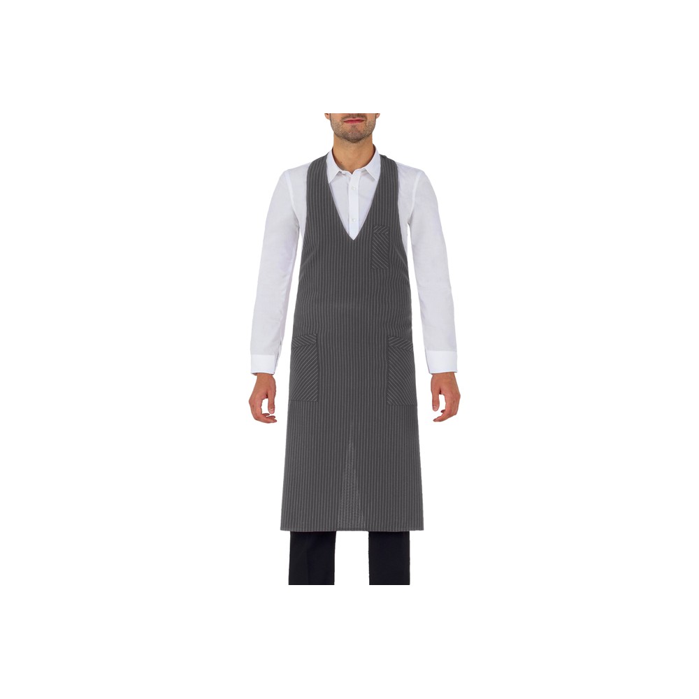 Long Apron with Bib and V-neck in Grey Pinstripe. For Waiters in Bars, Pubs Reno-Q1HX0134 Italiantrendy