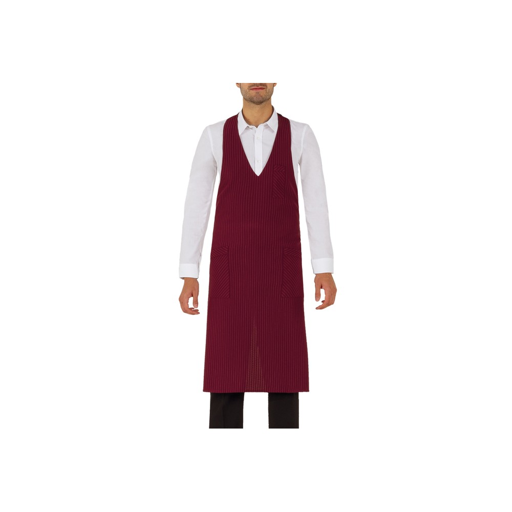 Langes Schürzenkleid mit Latz und V-Ausschnitt in gestreiftem Bordeaux. Für Barkeeper im Pub Reno-Q1HX0134 Italiantrendy.