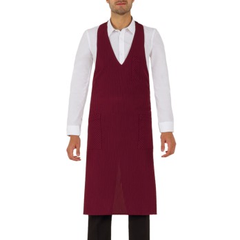 Langes Schürzenkleid mit Latz und V-Ausschnitt in gestreiftem Bordeaux. Für Barkeeper im Pub Reno-Q1HX0134 Italiantrendy.