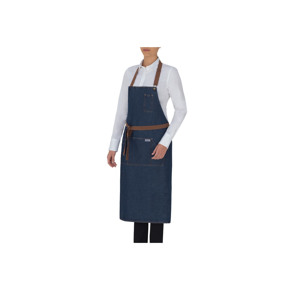 Douglas-Q1HX0141 Apron with Cotton Bib with Urban Design in Jeans, Stone Wash, Contrast Stitching