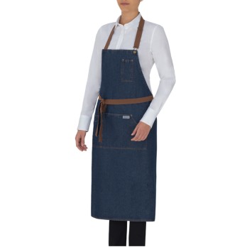 Douglas-Q1HX0141 Apron with Cotton Bib with Urban Design in Jeans, Stone Wash, Contrast Stitching