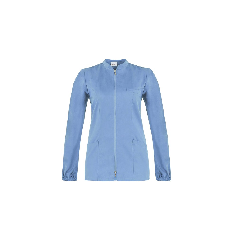 Blouse femme verte ou bleue avec fermeture éclair centrale à manches longues pour dentiste