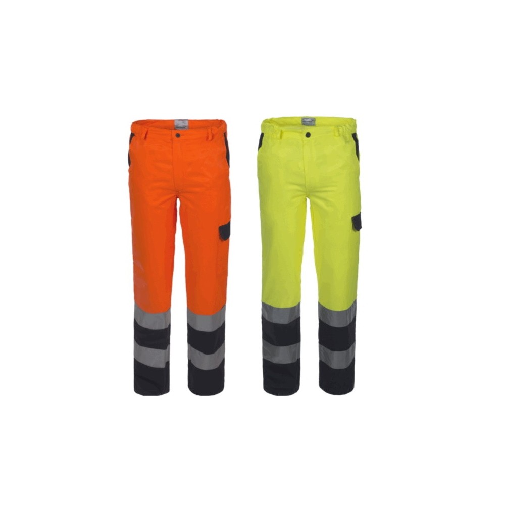 Pantalone ad Alta Visibilità Arancio Giallo/Blu Per Lavori Stradali Doppia Banda Rifrangente Ce EN471 Cat II^