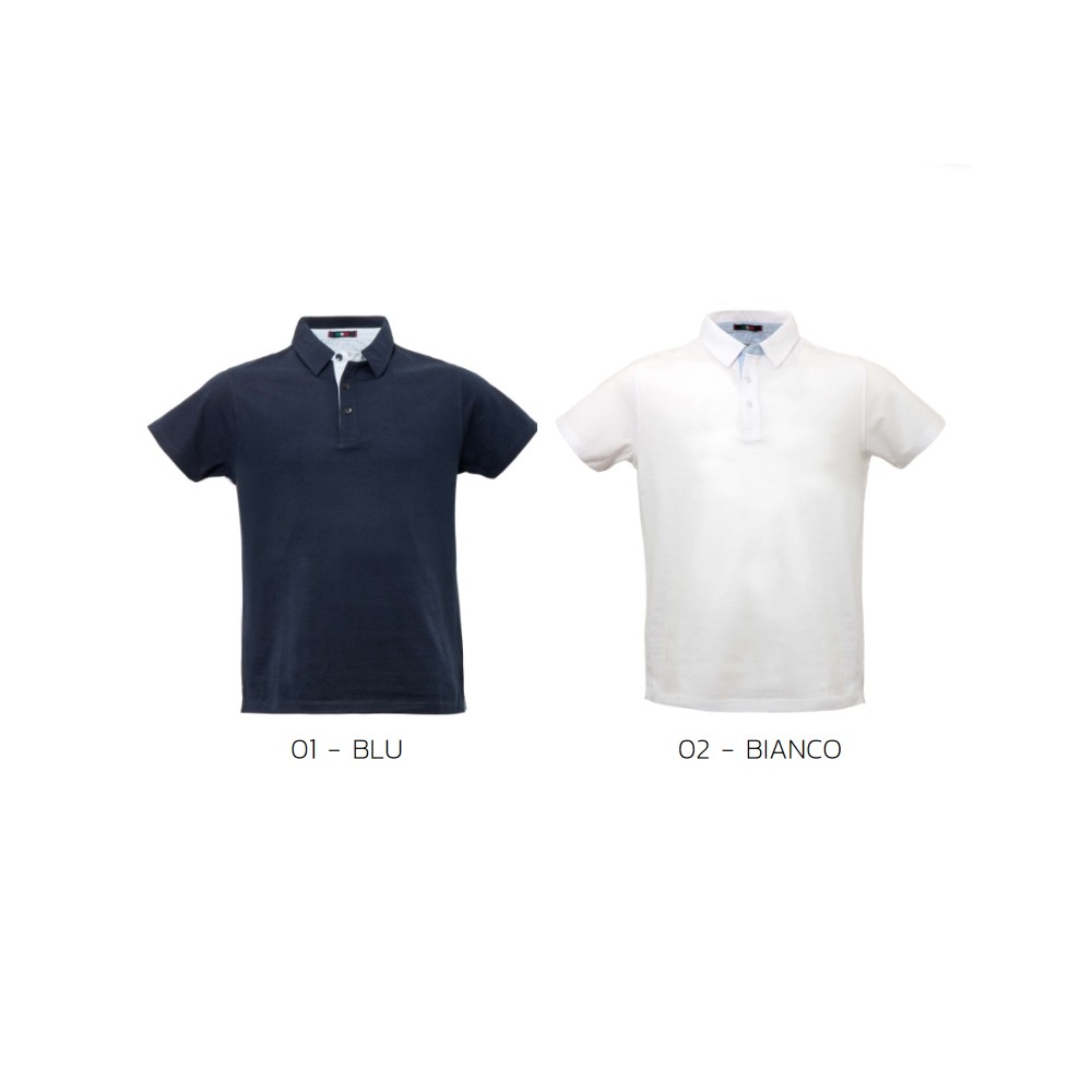 Men's short sleeve blue or white polo shirt in a lightweight jersey. Available online.