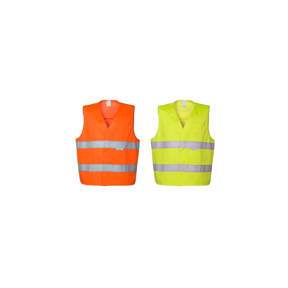 Orange or yellow high-visibility reflective vest for road work with double reflective band.