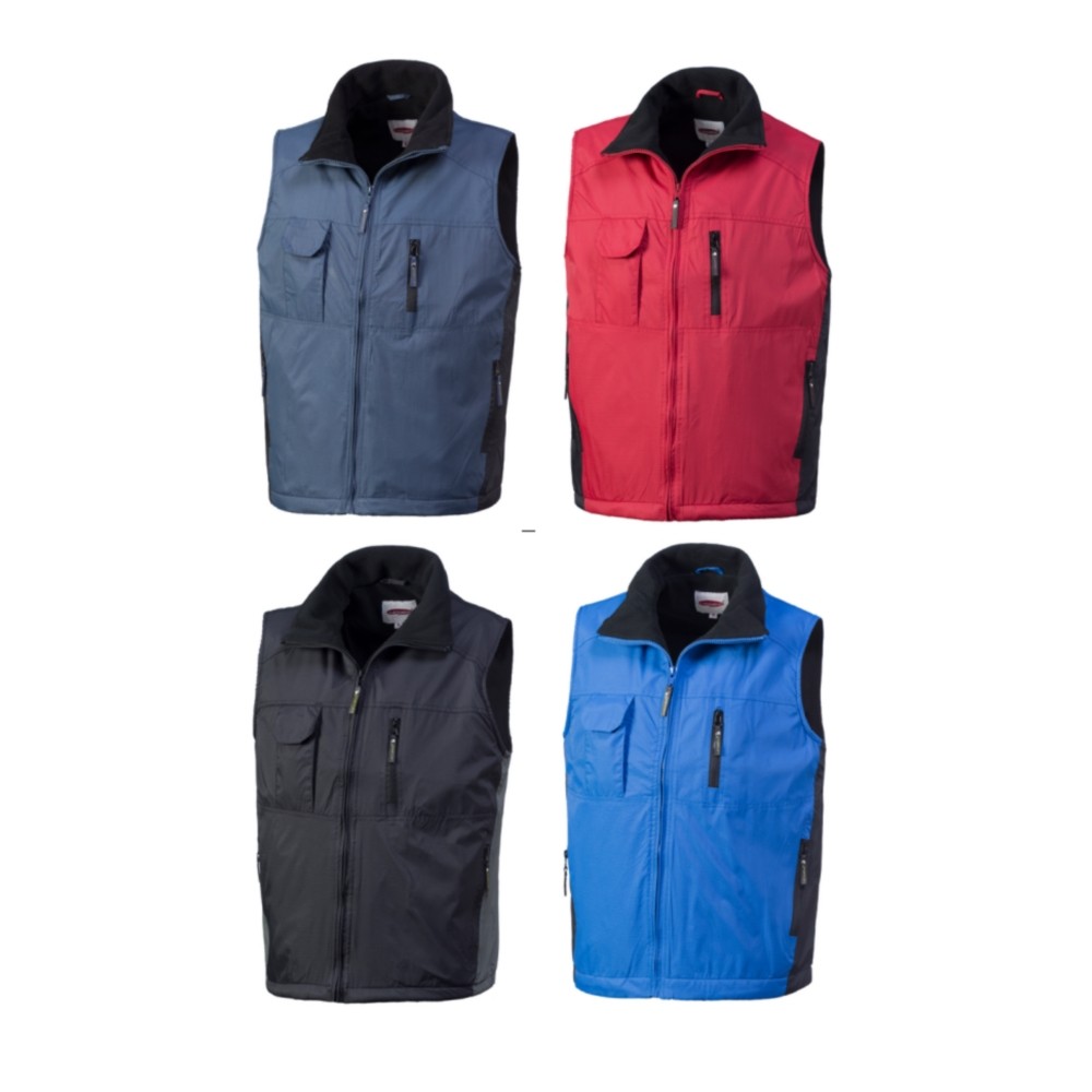 High Neck Gilet Rip-Stop with Bicolor Blue, Black, and Red Fleece Lining.