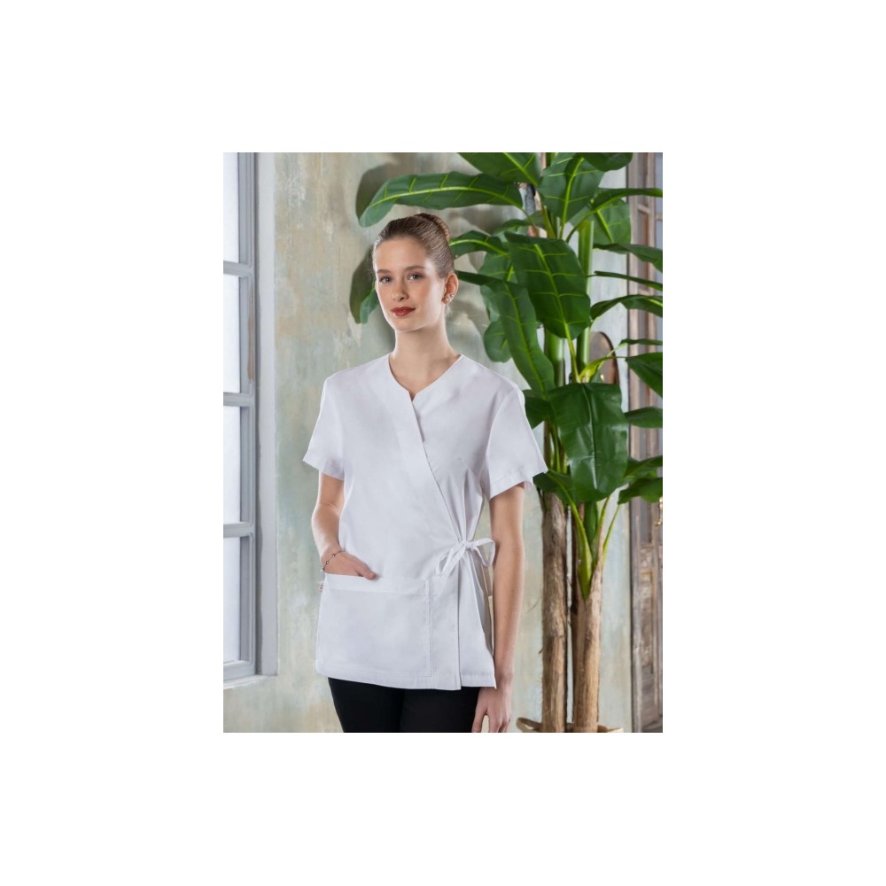 Women's White Kimono Tunic for Wellness and Beauty Center with Short Sleeves