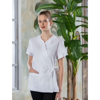 Women's White Kimono Tunic for Wellness and Beauty Center with Short Sleeves