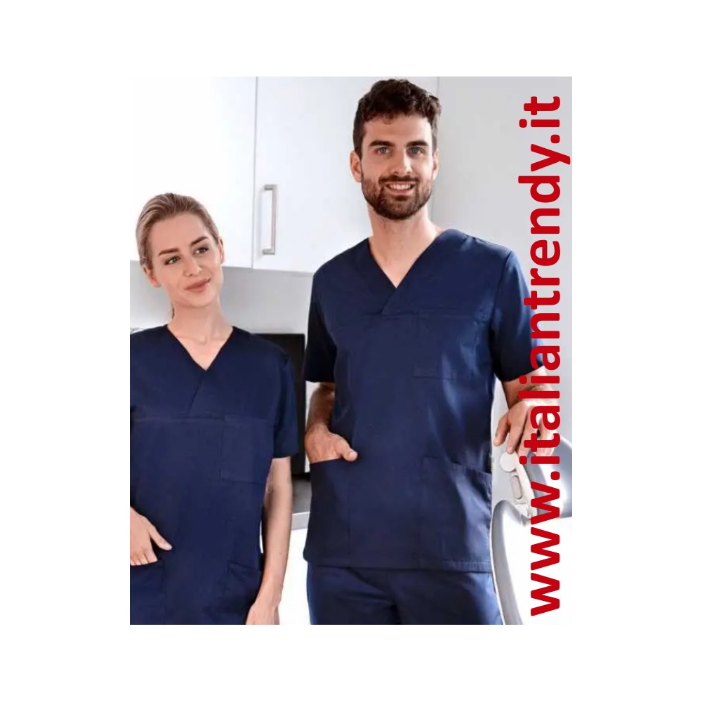 Camice Medico Blu a V Uomo Donna Per Ospedale Dentista Infermiere