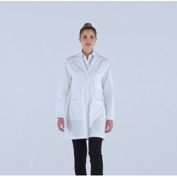 Short White Laboratory Coat for Women in Cotton with Elastic Cuffs