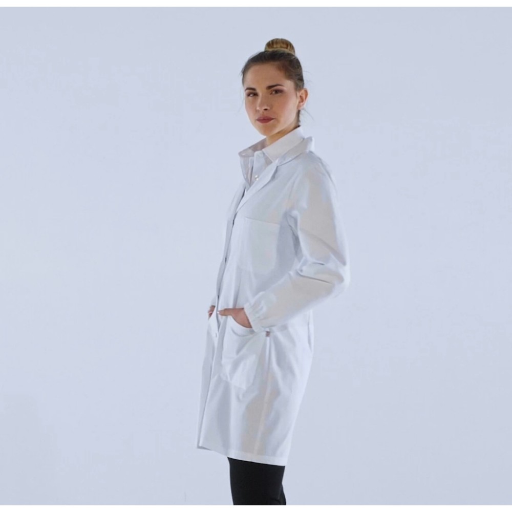 Short White Laboratory Coat for Women in Cotton with Elastic Cuffs