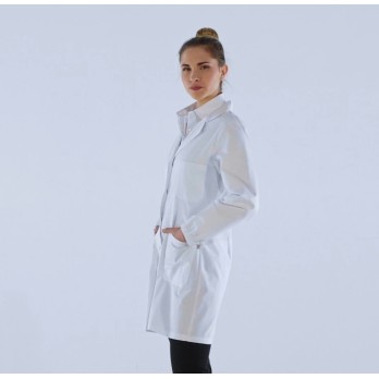 Short White Laboratory Coat for Women in Cotton with Elastic Cuffs