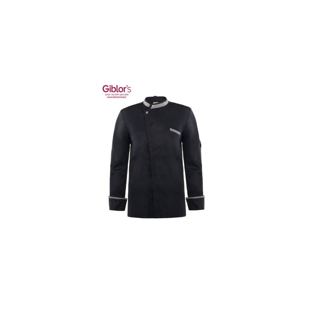 Fitted Black Chef Jacket with Grey Trim and Snap Button.