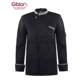 Fitted Black Chef Jacket with Grey Trim and Snap Button.