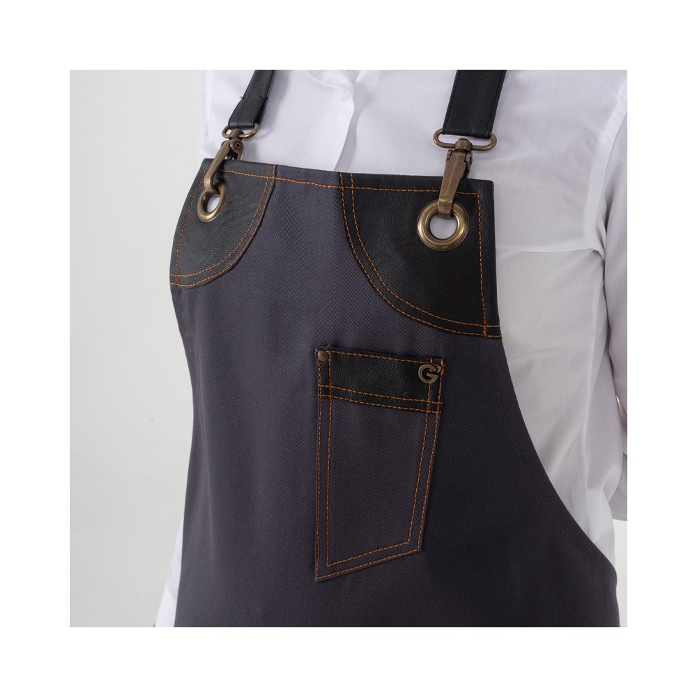 Gray Apron with Bib and Inserts in Eco Leather. Giblor's Italian Trendy.