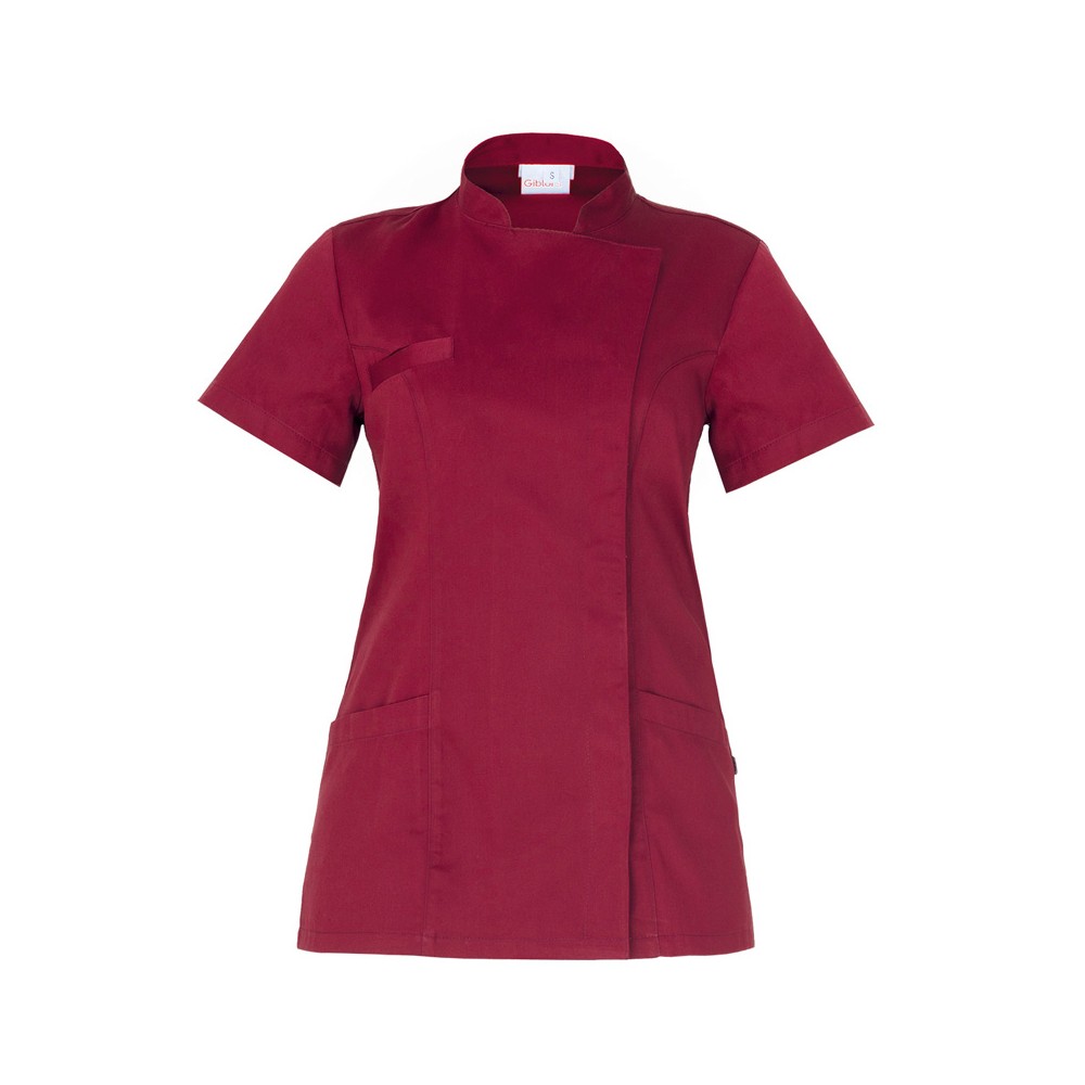 Short-sleeved Bordeaux tunic with a mandarin collar for a spa beautician wellness center.