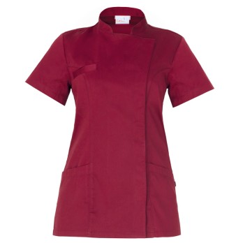 Short-sleeved Bordeaux tunic with a mandarin collar for a spa beautician wellness center.