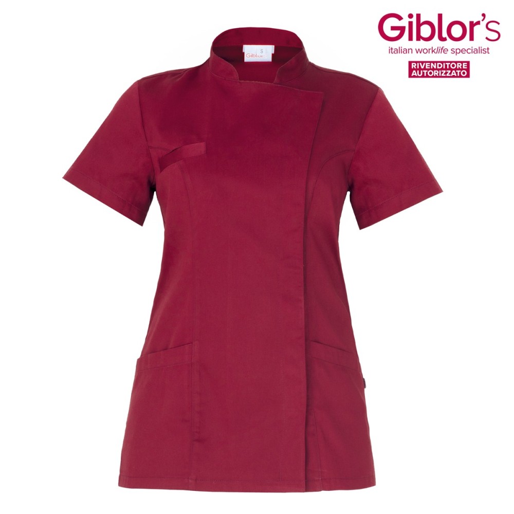 Short-sleeved Bordeaux tunic with a mandarin collar for a spa beautician wellness center.