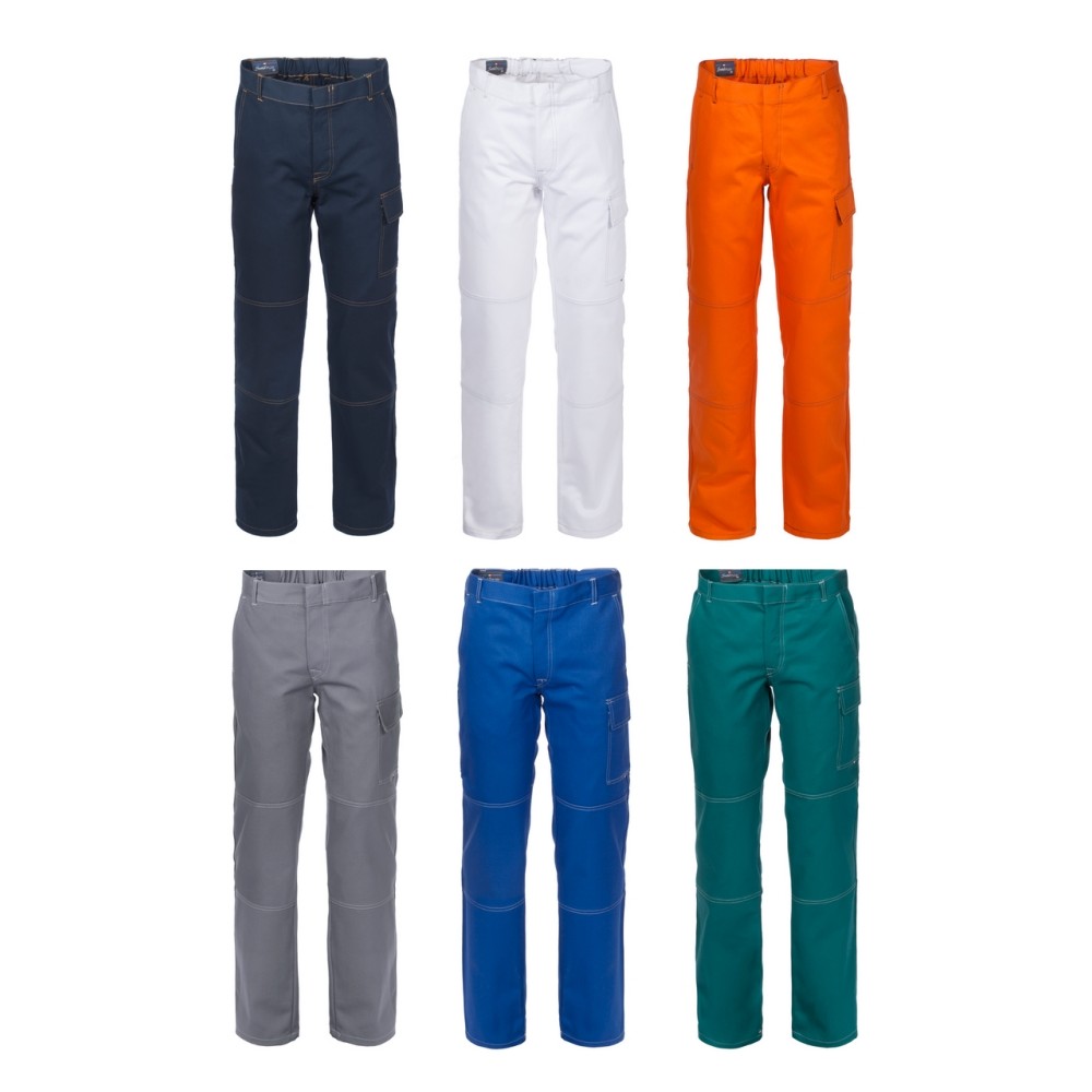 Pantalon de travail en coton élastique avec poches, disponible en 6 couleurs.