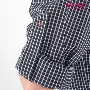 Casaca negra a cuadros para hombre con inserciones rojas de manga larga convertible, uniforme de trabajo para empresas de servic