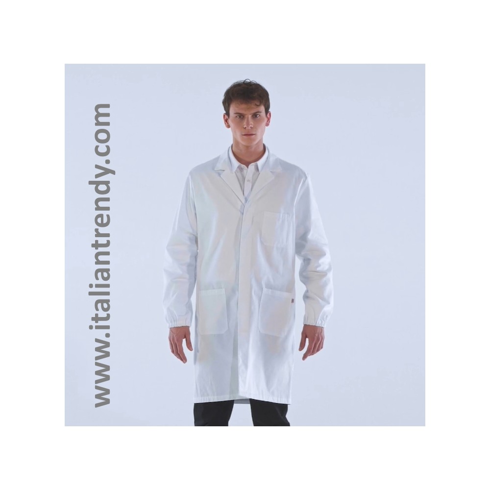 White Men's Lab Coat for Doctor Pharmacist Laboratory with Elastic Cuffs