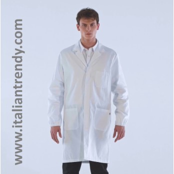 White Men's Lab Coat for Doctor Pharmacist Laboratory with Elastic Cuffs