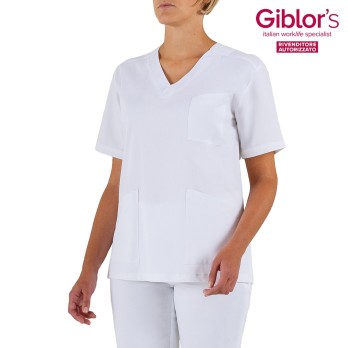 Blouse blanche pour femme avec col en V pour le centre médical esthétique et le bien-être SPA OSS.