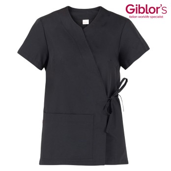 Tunique noire style kimono pour femmes pour centre de bien-être et esthétique à manches courtes