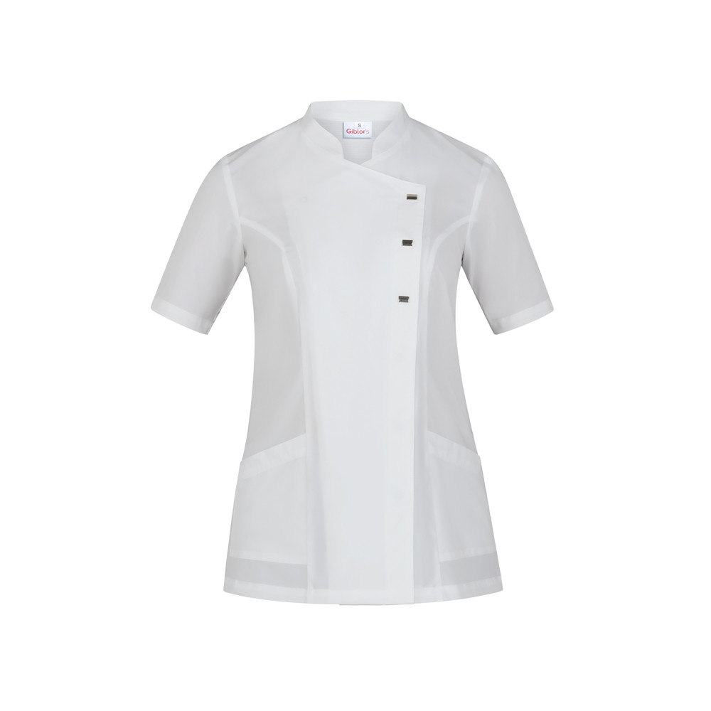 Short-sleeved white women's tunic with a Mandarin collar - Beauty sector greta 24p02k394